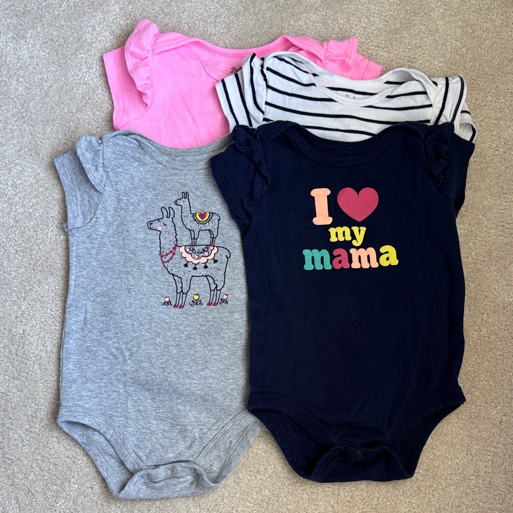 Member’s Mark baby girls 4 piece Bodysuit onesie Set - Pink, Gray, Navy 18mo